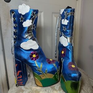 Current Mood landscape metallic hippie star flower platform boots